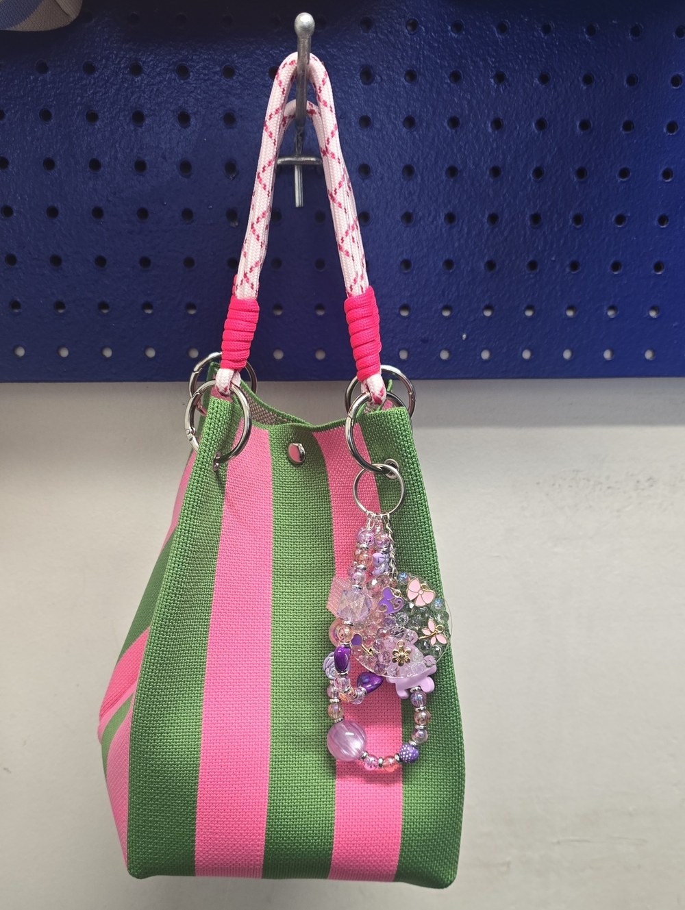 Women’s Green & Pink Stripe Tote Bag with Charm